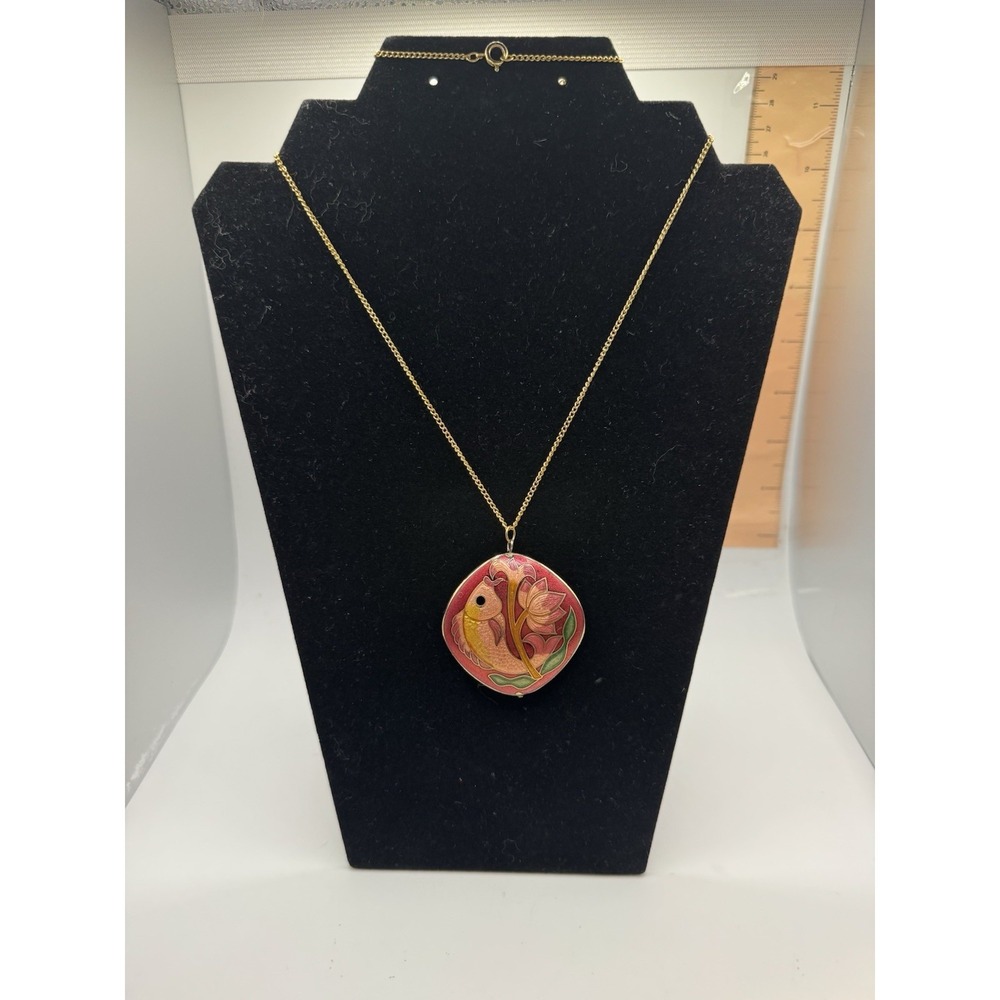 24" Gold Tone Chain Traditional Cloisonne Pendent Vintage Floral & Fish Necklace